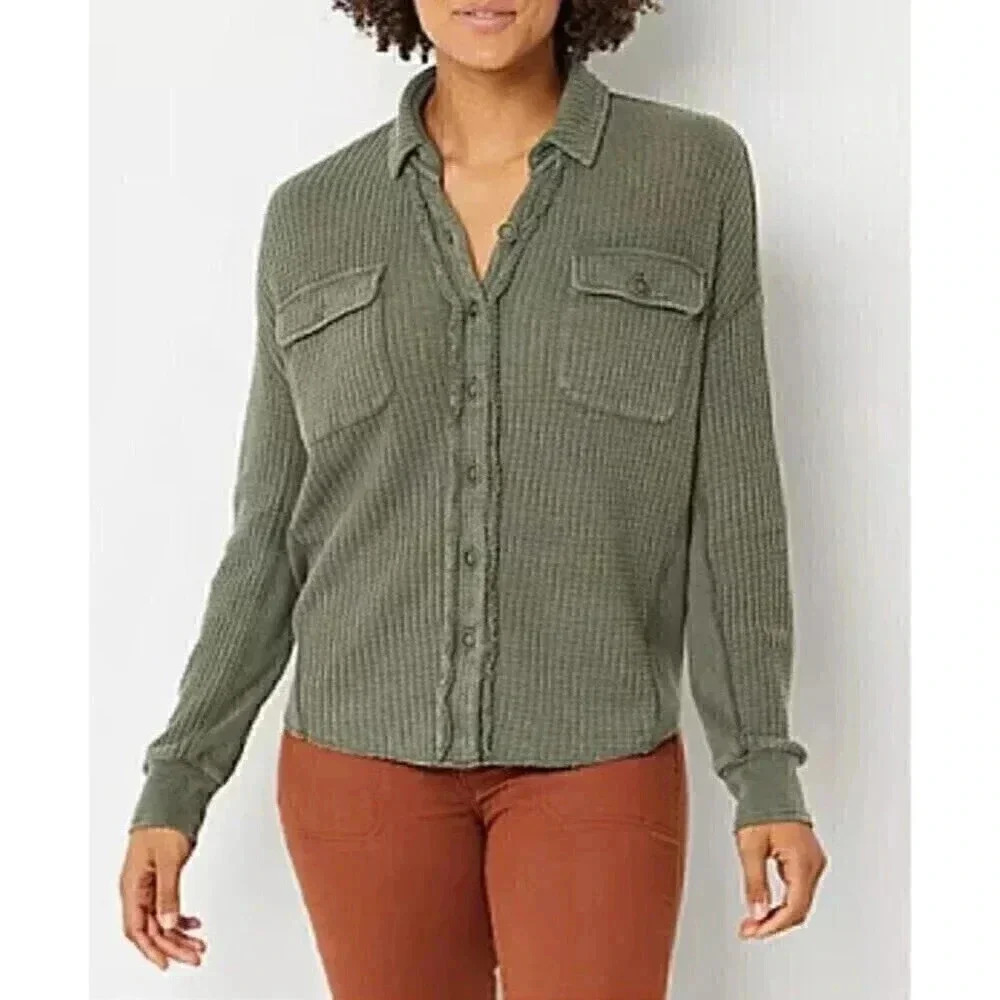 Frye and CO. Womens Long Sleeve Button Down Shirt Size L Green Waffe Thermal